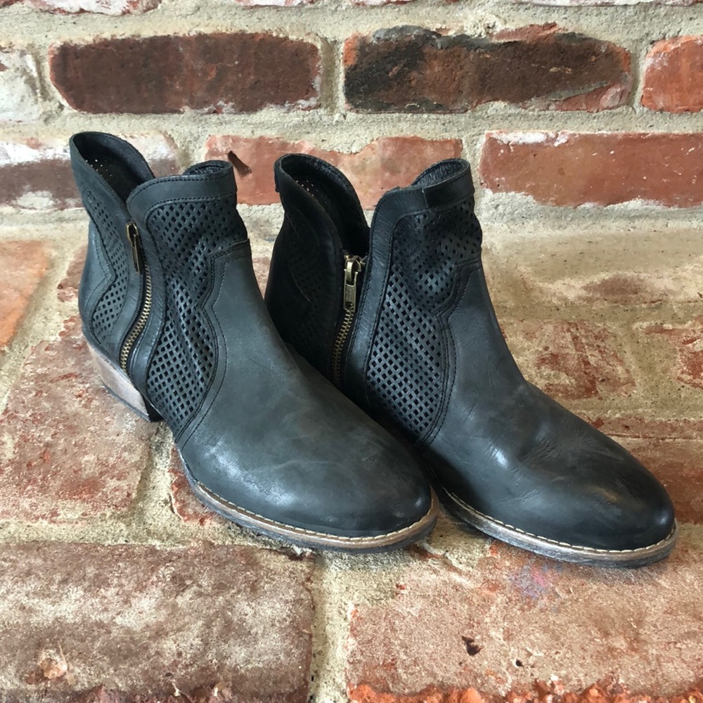 Women's Black Perforated Leather Ankle Booties